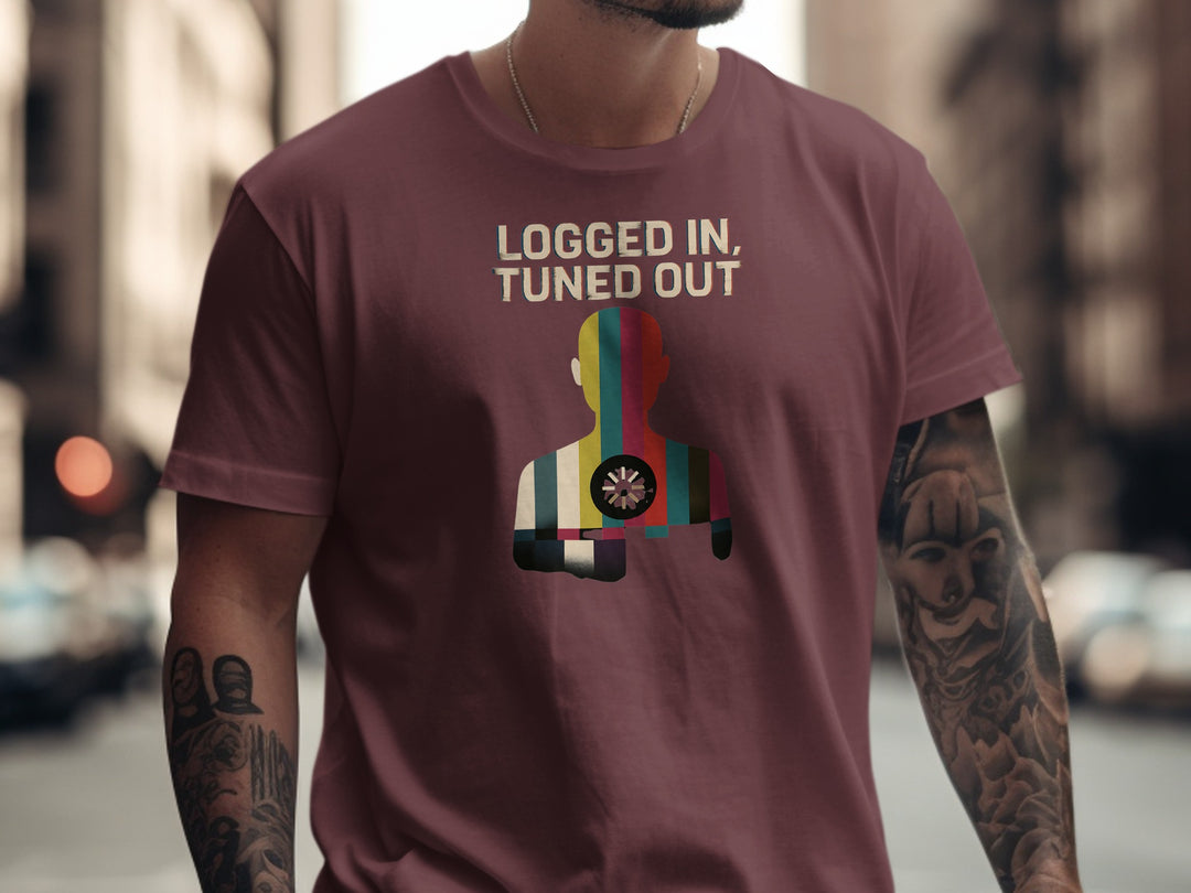 logged in tuned out t-shirt with retro colour-bar silhouette and dial — men’s tee