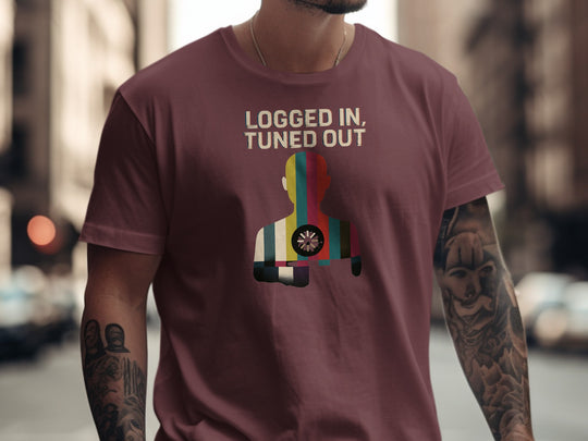 logged in tuned out t-shirt with retro colour-bar silhouette and dial — men’s tee