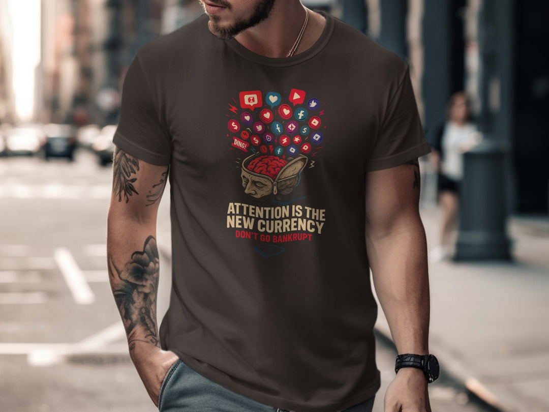 attention economy t-shirt with brain and notification icons — men’s graphic tee