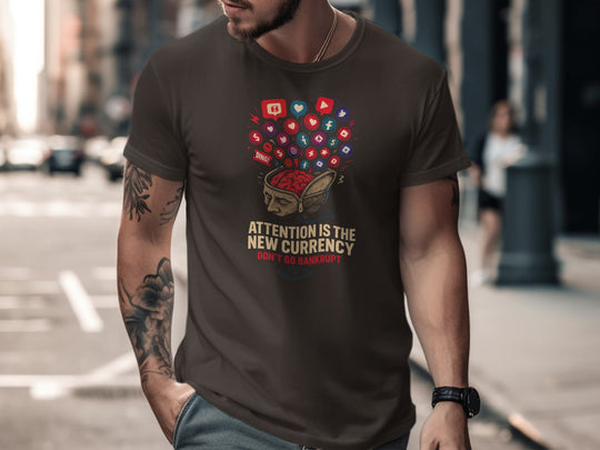 attention economy t-shirt with brain and notification icons — men’s graphic tee