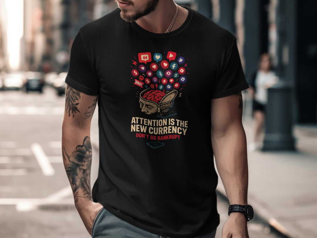 attention economy t-shirt with brain and notification icons — men’s graphic tee