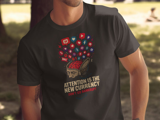 attention economy t-shirt with brain and notification icons — men’s graphic tee