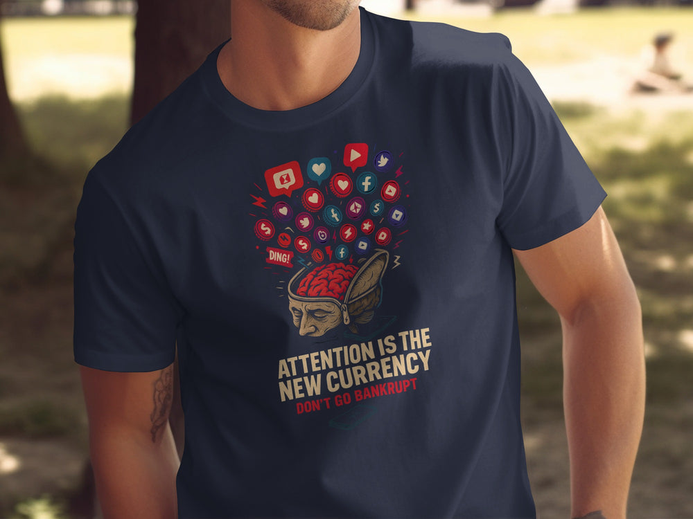 attention economy t-shirt with brain and notification icons — men’s graphic tee