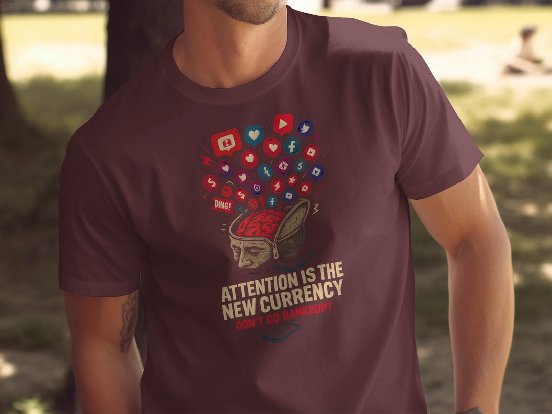 attention economy t-shirt with brain and notification icons — men’s graphic tee