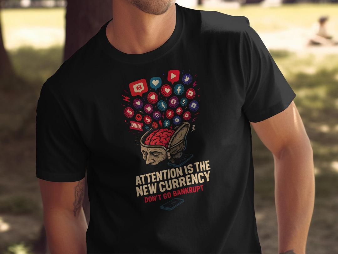 attention economy t-shirt with brain and notification icons — men’s graphic tee