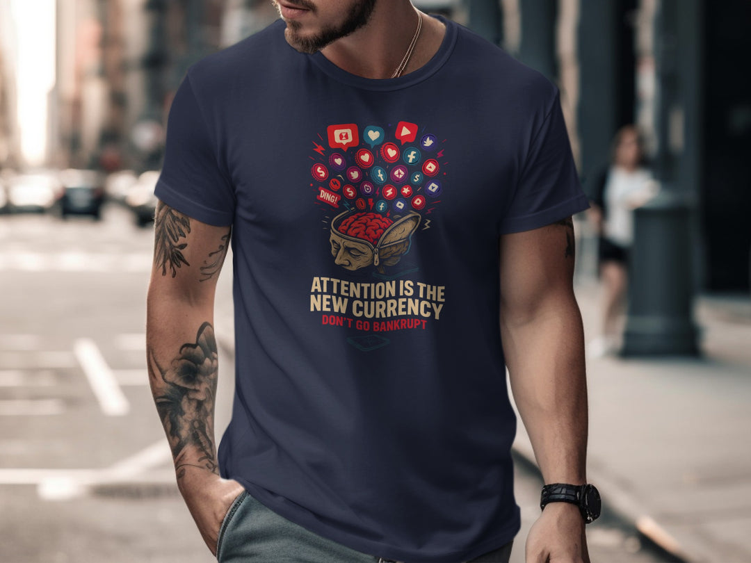 attention economy t-shirt with brain and notification icons — men’s graphic tee