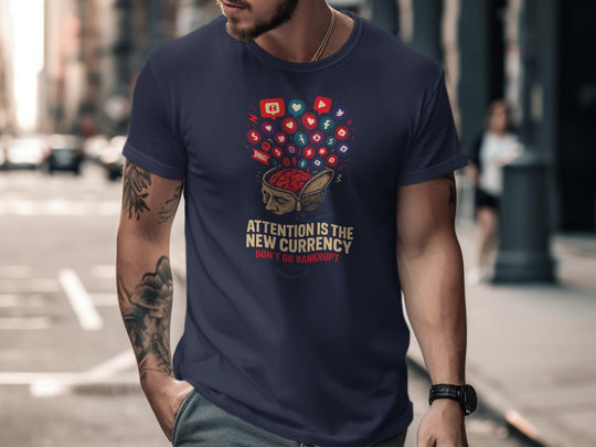 attention economy t-shirt with brain and notification icons — men’s graphic tee