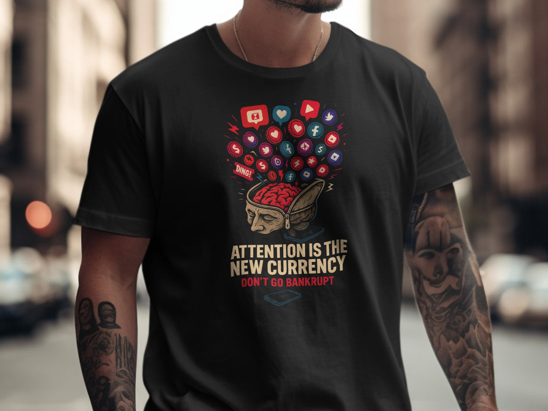 attention economy t-shirt with brain and notification icons — men’s graphic tee