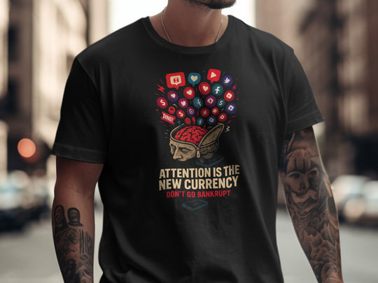 attention economy t-shirt with brain and notification icons — men’s graphic tee