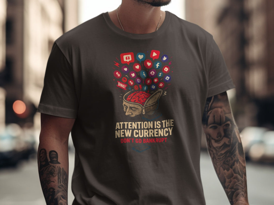 attention economy t-shirt with brain and notification icons — men’s graphic tee