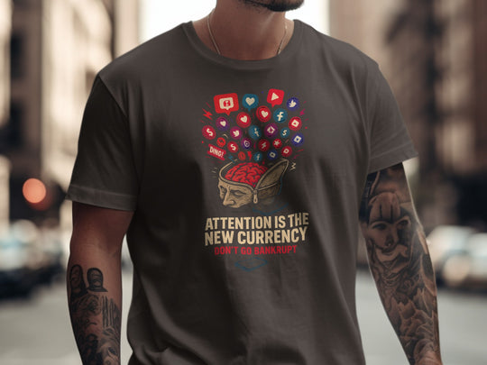 attention economy t-shirt with brain and notification icons — men’s graphic tee