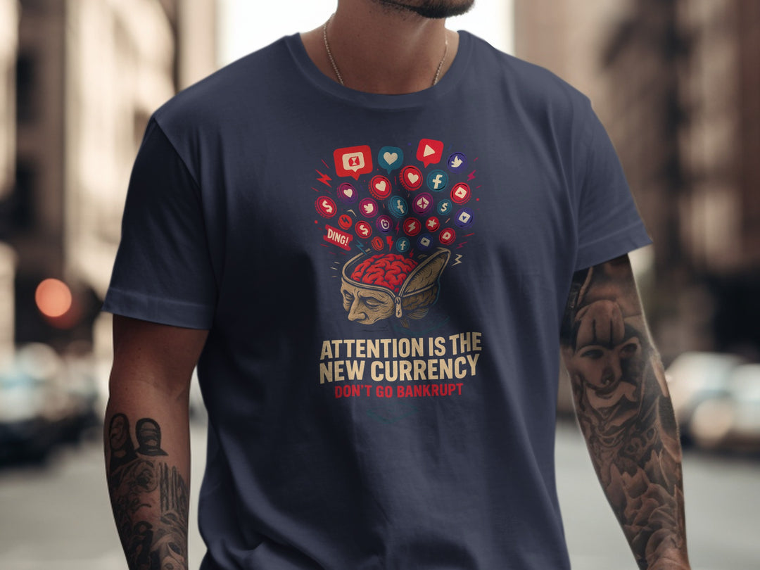 attention economy t-shirt with brain and notification icons — men’s graphic tee