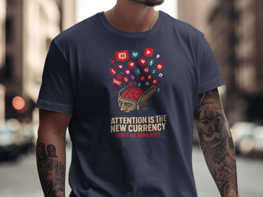 attention economy t-shirt with brain and notification icons — men’s graphic tee