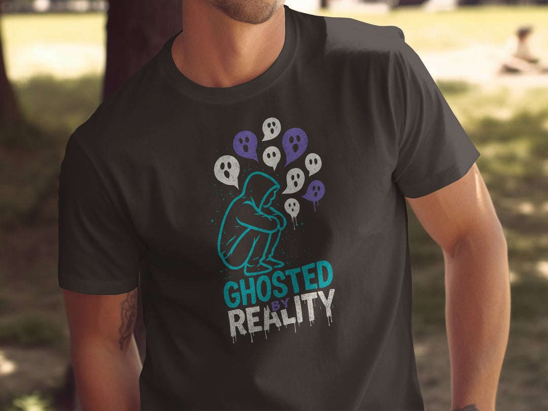 ghosted by reality t-shirt with hooded figure and ghost speech bubbles — men’s tee