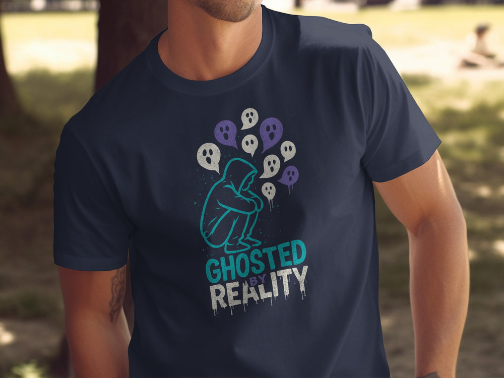 ghosted by reality t-shirt with hooded figure and ghost speech bubbles — men’s tee