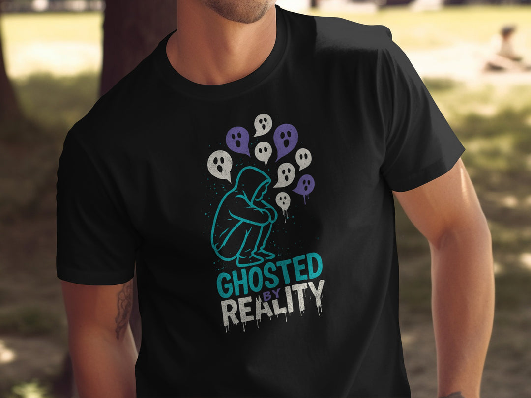 ghosted by reality t-shirt with hooded figure and ghost speech bubbles — men’s tee
