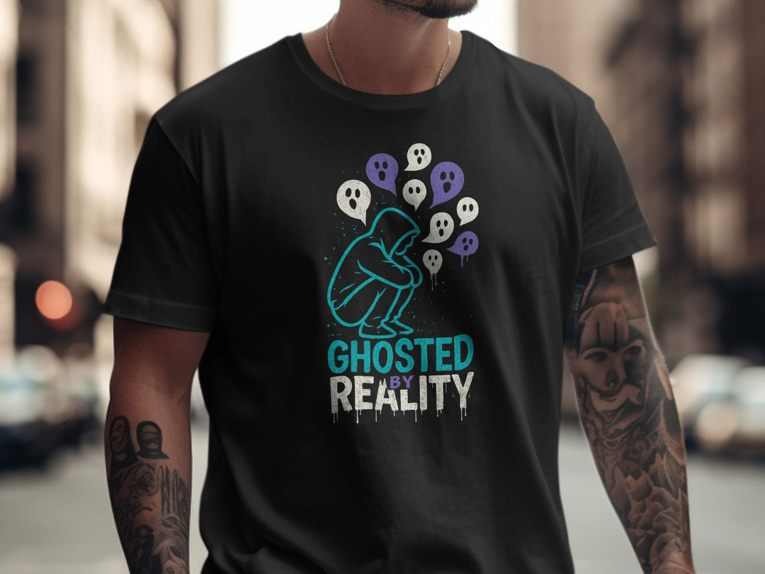 ghosted by reality t-shirt with hooded figure and ghost speech bubbles — men’s tee