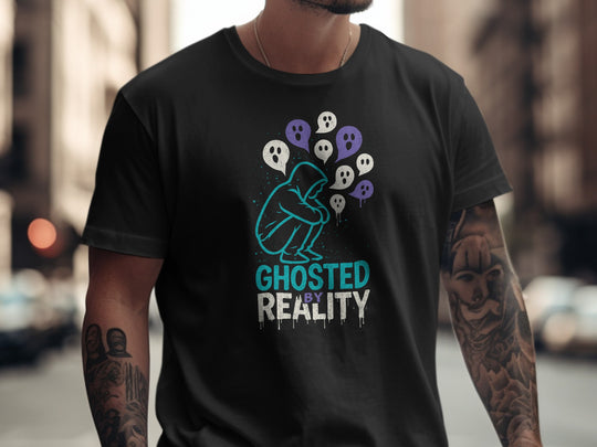 ghosted by reality t-shirt with hooded figure and ghost speech bubbles — men’s tee