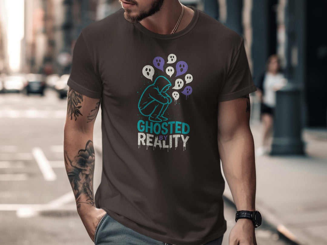 ghosted by reality t-shirt with hooded figure and ghost speech bubbles — men’s tee