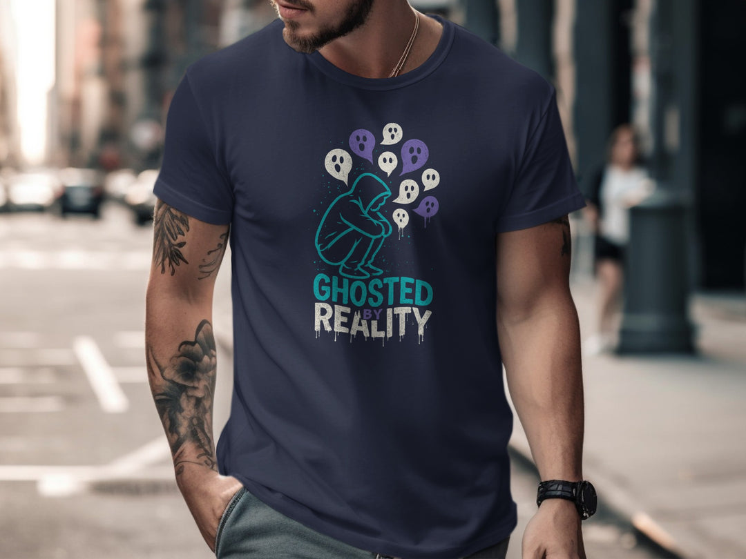 ghosted by reality t-shirt with hooded figure and ghost speech bubbles — men’s tee