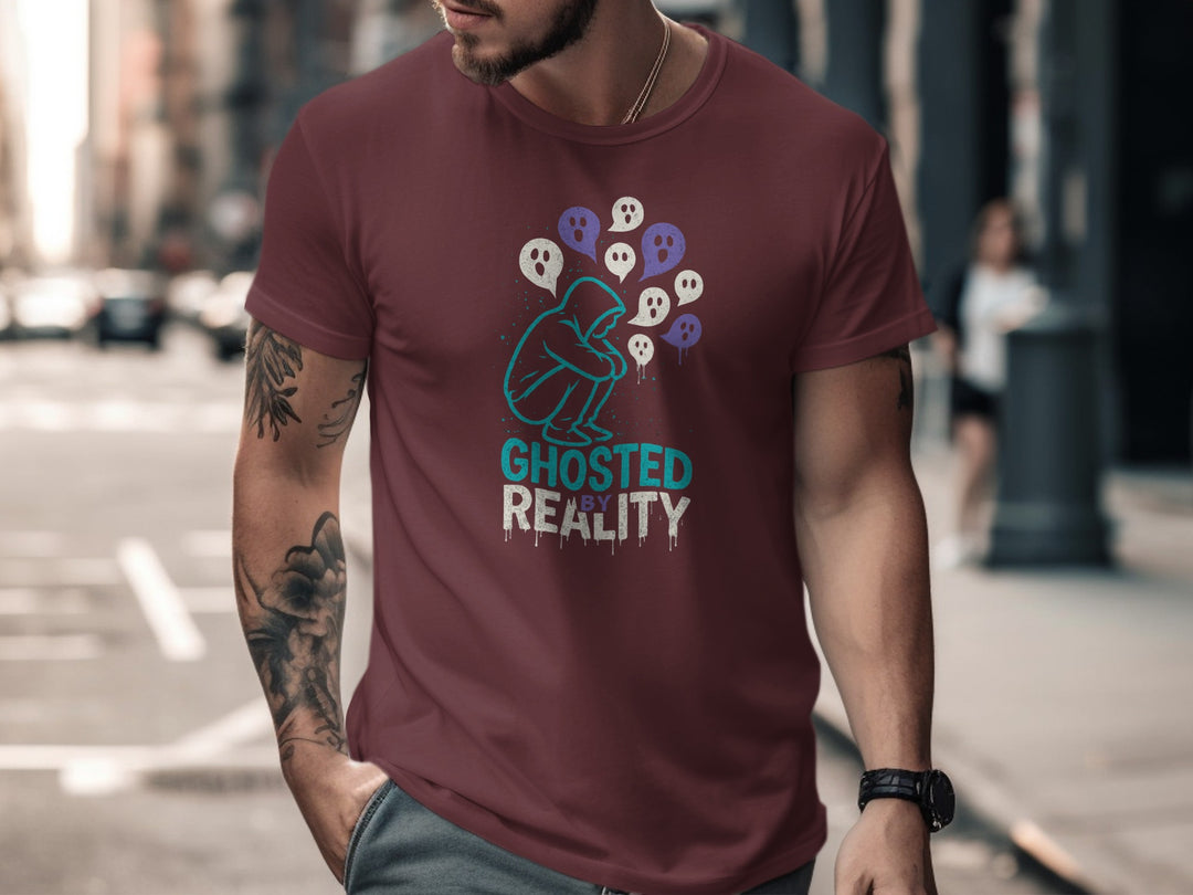 ghosted by reality t-shirt with hooded figure and ghost speech bubbles — men’s tee