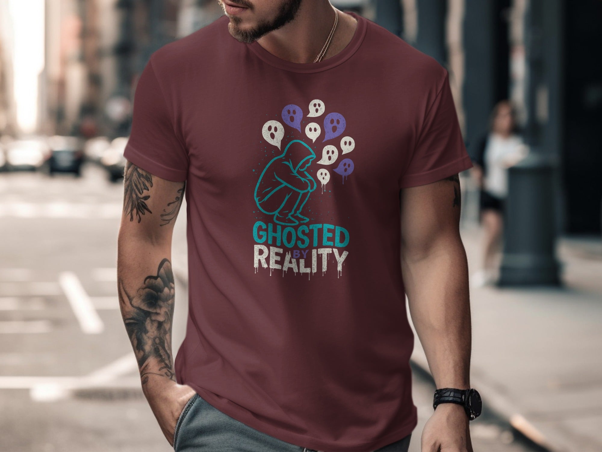 ghosted by reality t-shirt with hooded figure and ghost speech bubbles — men’s tee