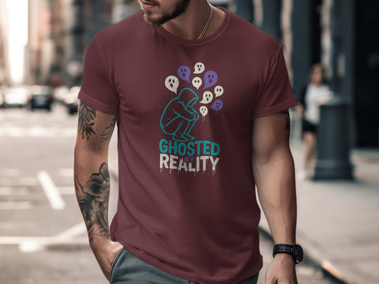 ghosted by reality t-shirt with hooded figure and ghost speech bubbles — men’s tee