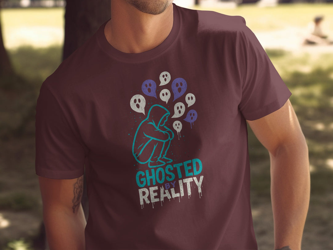 ghosted by reality t-shirt with hooded figure and ghost speech bubbles — men’s tee