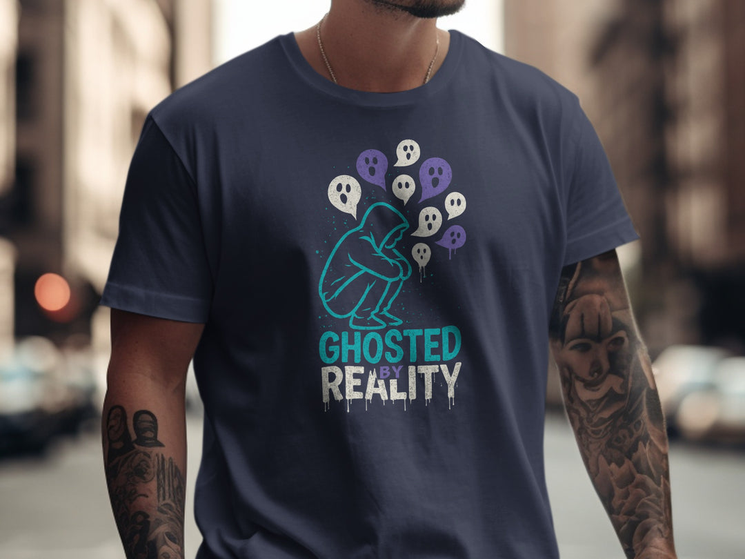 ghosted by reality t-shirt with hooded figure and ghost speech bubbles — men’s tee