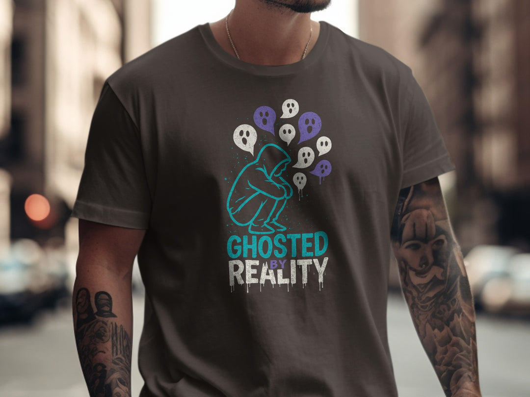 ghosted by reality t-shirt with hooded figure and ghost speech bubbles — men’s tee