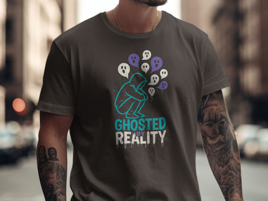 ghosted by reality t-shirt with hooded figure and ghost speech bubbles — men’s tee