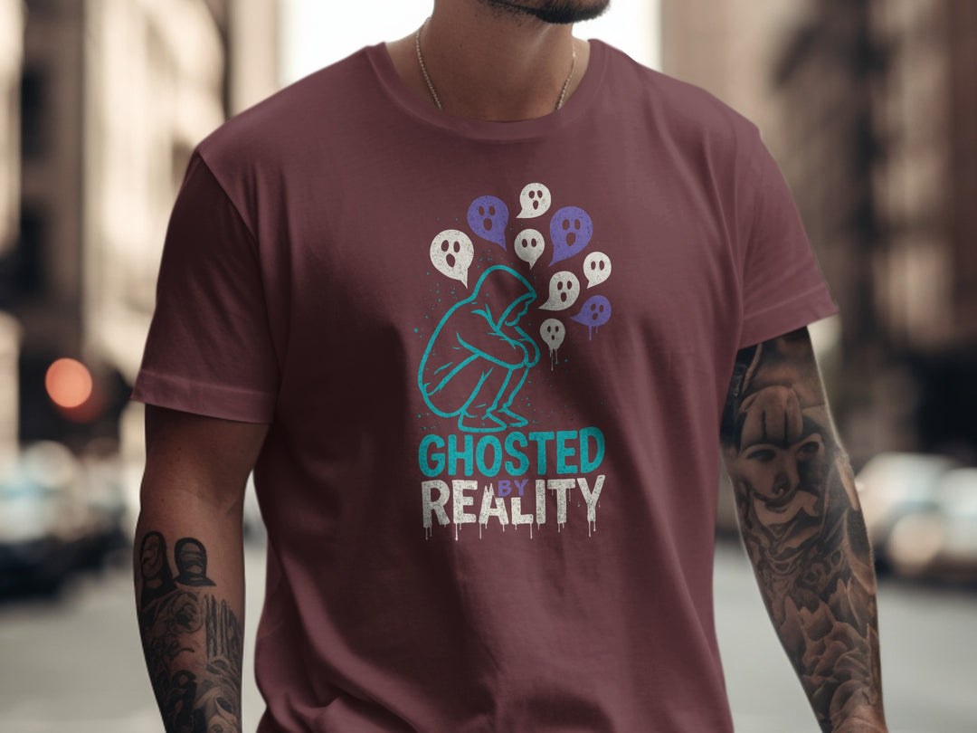 ghosted by reality t-shirt with hooded figure and ghost speech bubbles — men’s tee