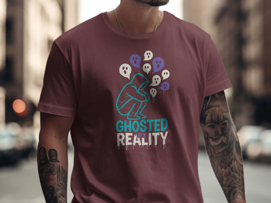 ghosted by reality t-shirt with hooded figure and ghost speech bubbles — men’s tee