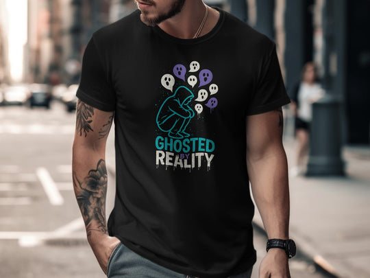 ghosted by reality t-shirt with hooded figure and ghost speech bubbles — men’s tee