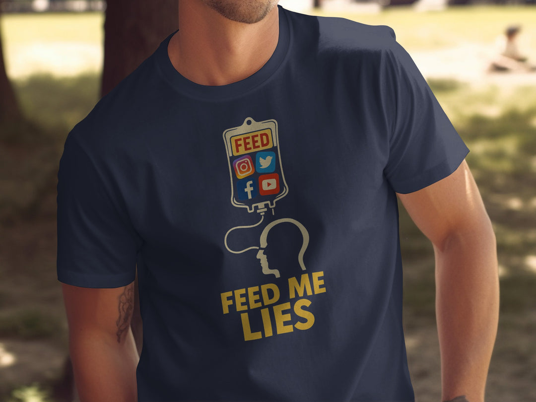 feed me lies t-shirt with iv bag and social app icons — men’s graphic tee