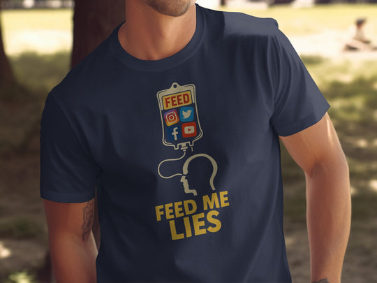 feed me lies t-shirt with iv bag and social app icons — men’s graphic tee
