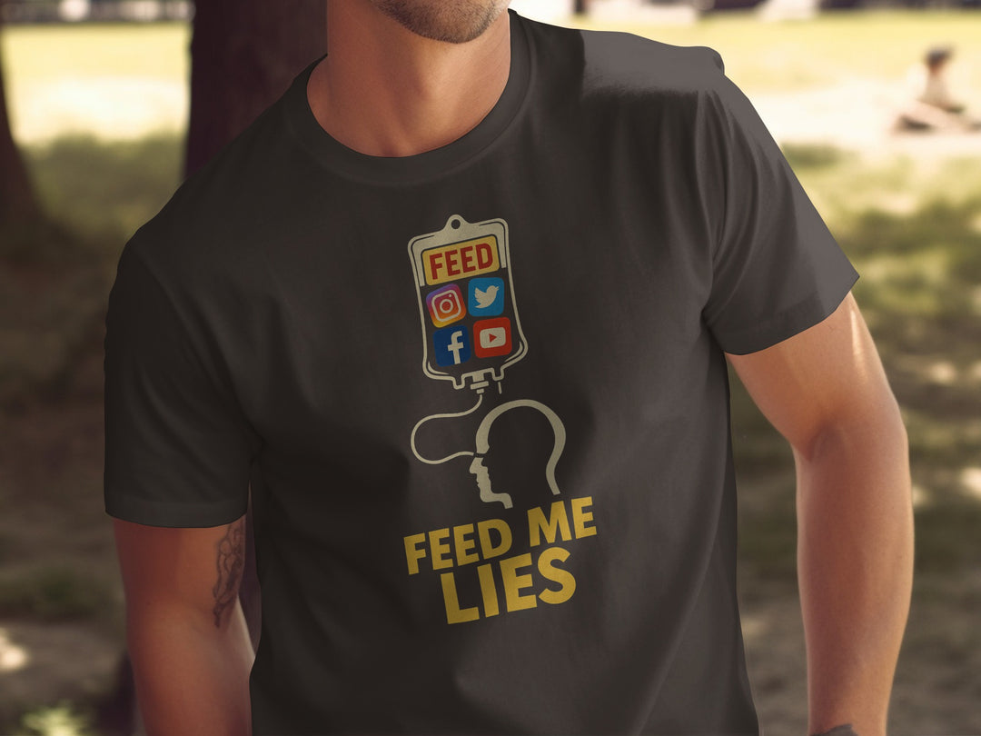 feed me lies t-shirt with iv bag and social app icons — men’s graphic tee