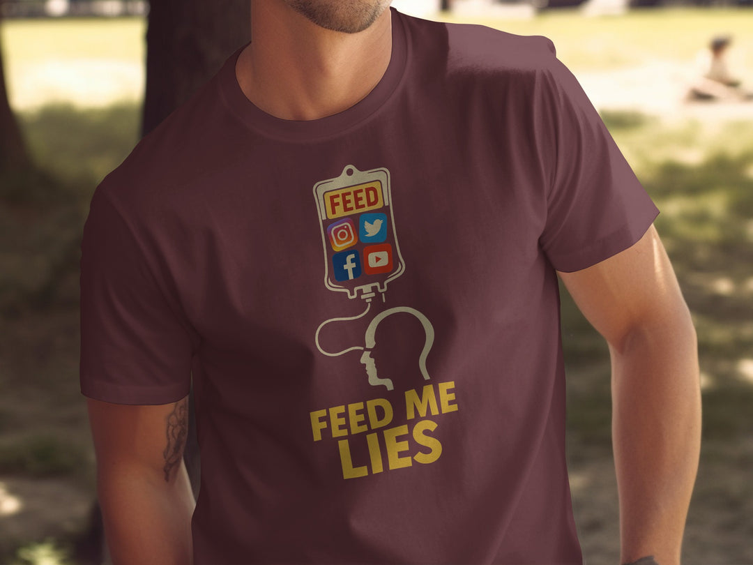 feed me lies t-shirt with iv bag and social app icons — men’s graphic tee