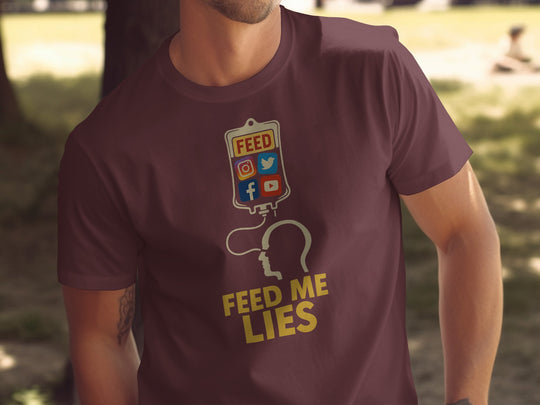 feed me lies t-shirt with iv bag and social app icons — men’s graphic tee