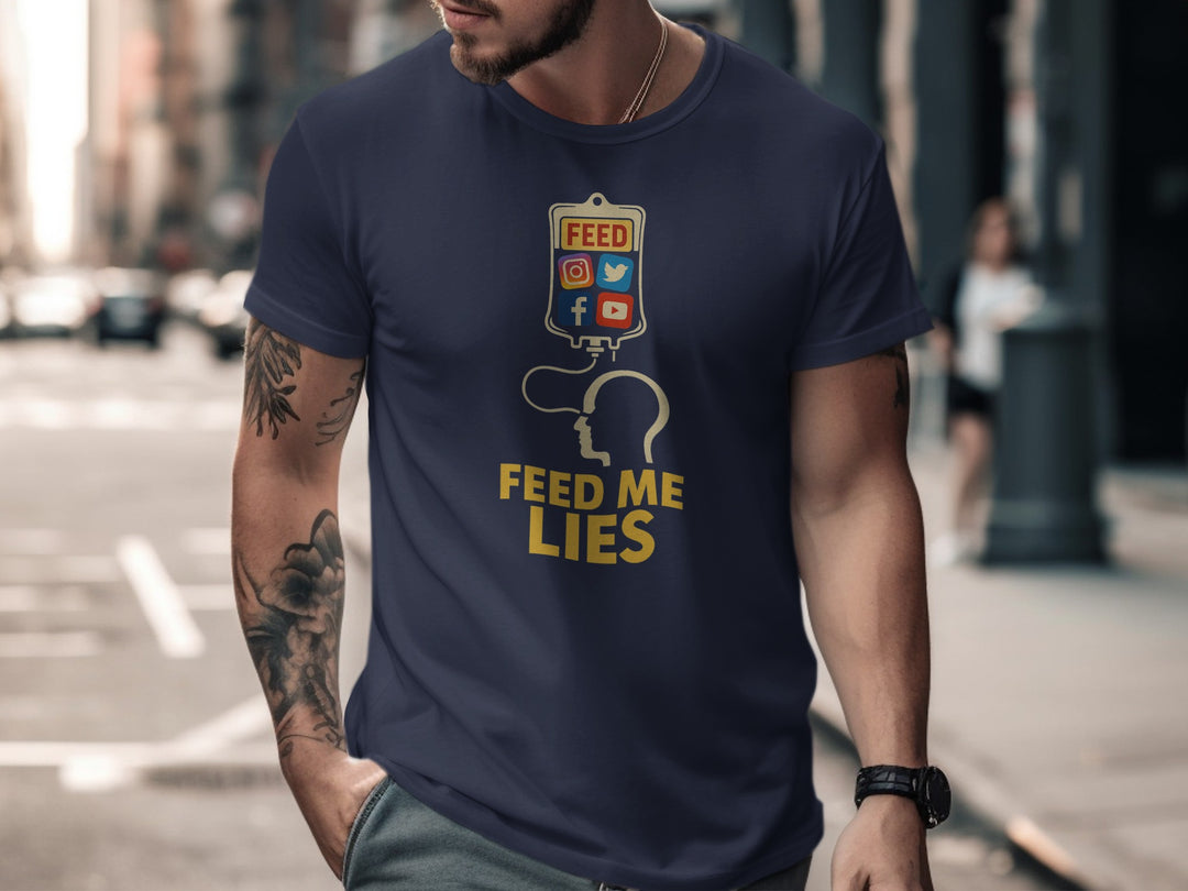 feed me lies t-shirt with iv bag and social app icons — men’s graphic tee