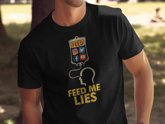 feed me lies t-shirt with iv bag and social app icons — men’s graphic tee