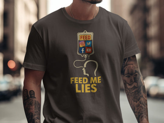 feed me lies t-shirt with iv bag and social app icons — men’s graphic tee