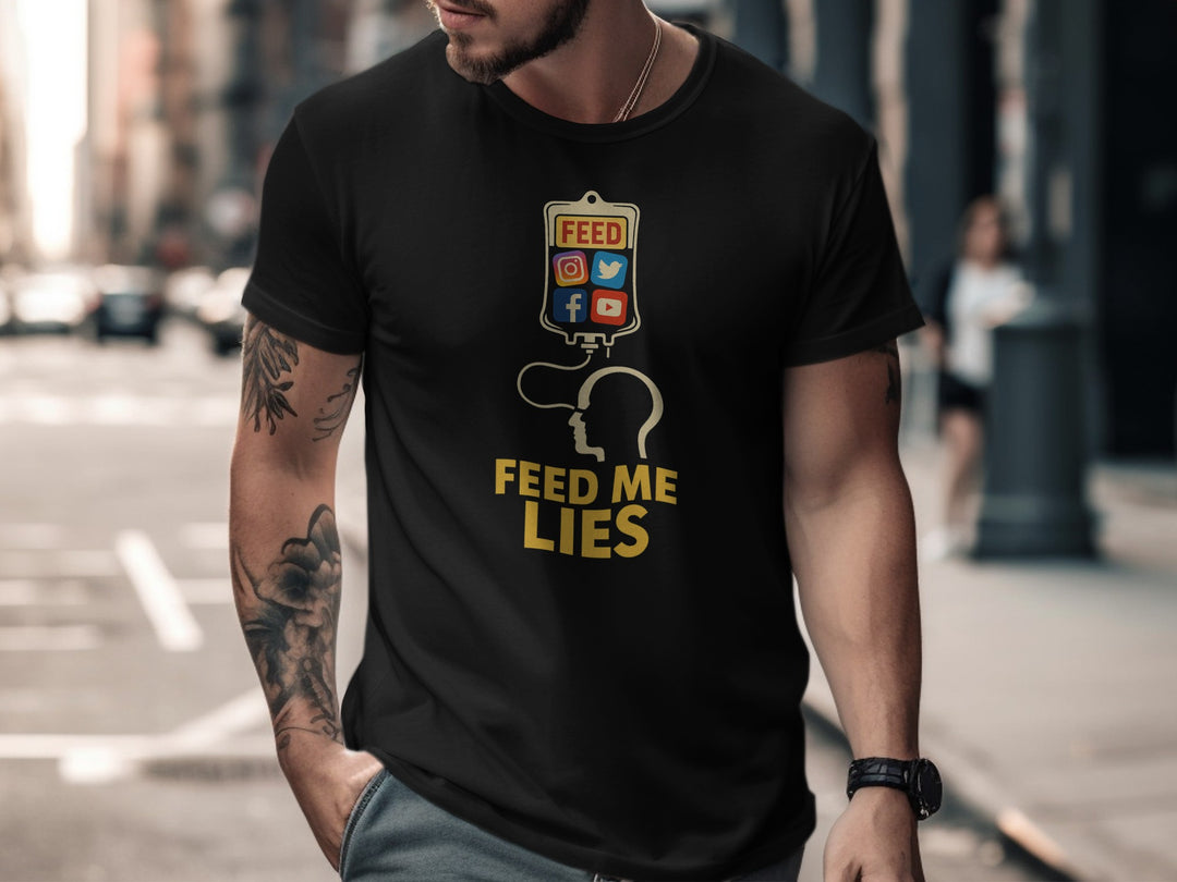 feed me lies t-shirt with iv bag and social app icons — men’s graphic tee