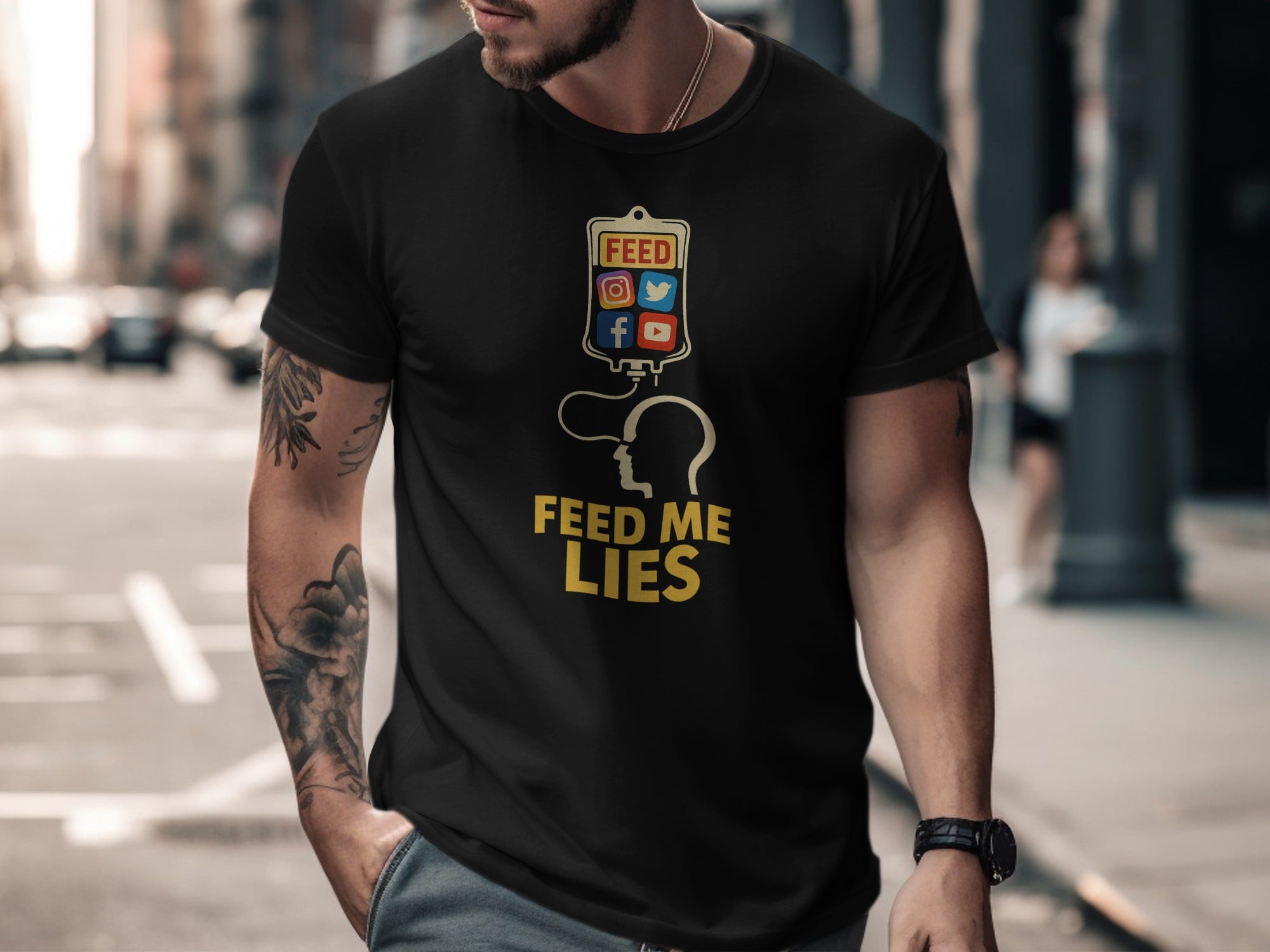 feed me lies t-shirt with iv bag and social app icons — men’s graphic tee