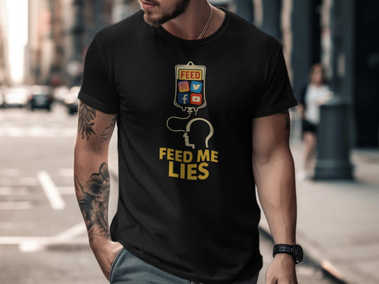feed me lies t-shirt with iv bag and social app icons — men’s graphic tee