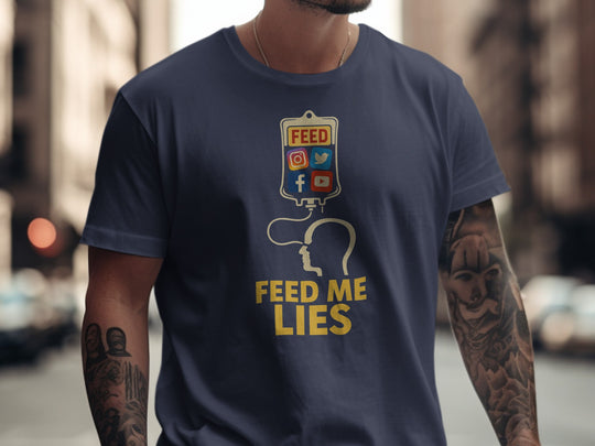 feed me lies t-shirt with iv bag and social app icons — men’s graphic tee