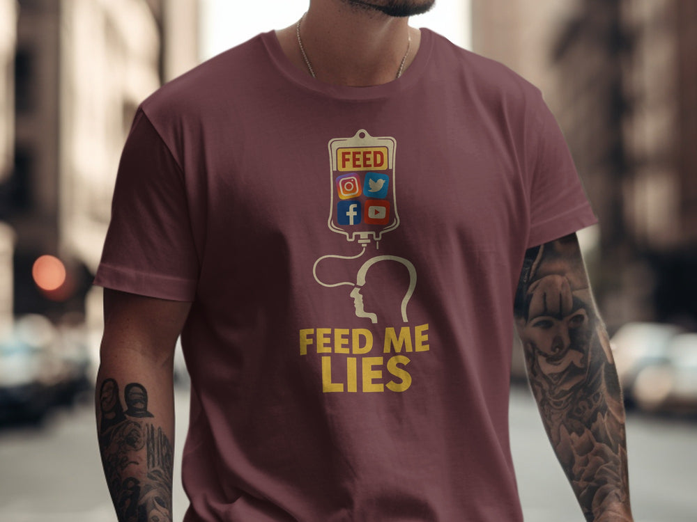 feed me lies t-shirt with iv bag and social app icons — men’s graphic tee