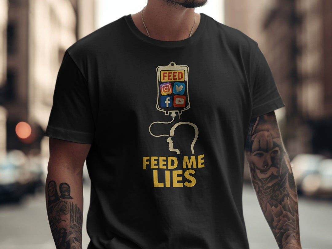 feed me lies t-shirt with iv bag and social app icons — men’s graphic tee