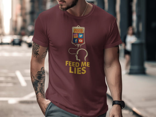 feed me lies t-shirt with iv bag and social app icons — men’s graphic tee