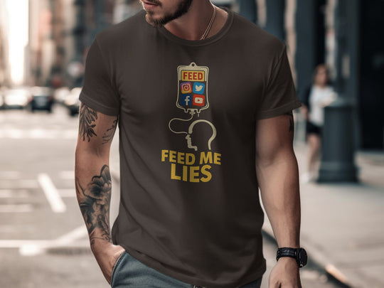 feed me lies t-shirt with iv bag and social app icons — men’s graphic tee